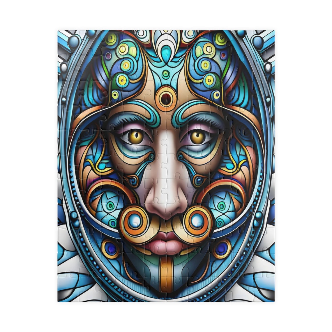 Psychedelic Woman Face with Swirling Blue and Gold Patterns Print - Image 2