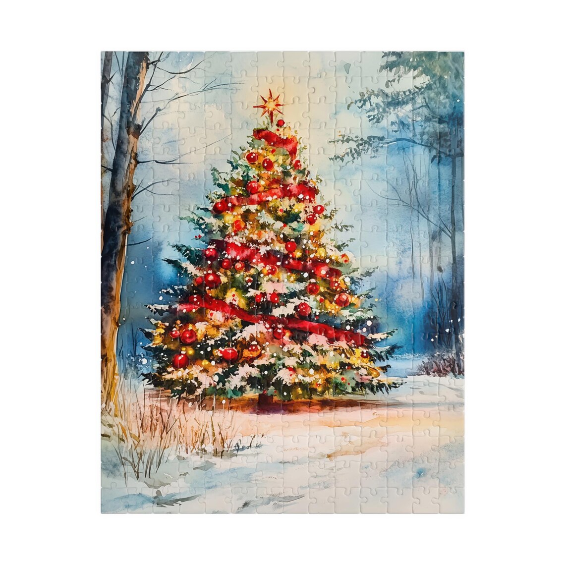 Snowy Christmas Tree With Red Ornaments In Woodland Watercolor Print - Image 5