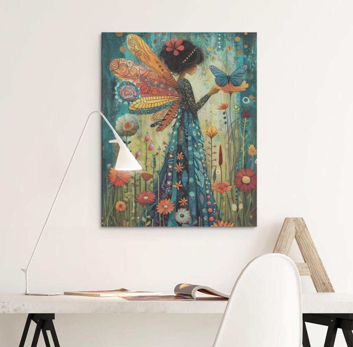 Butterfly Fairy Standing In Wildflower Meadow Teal Dress Art Poster