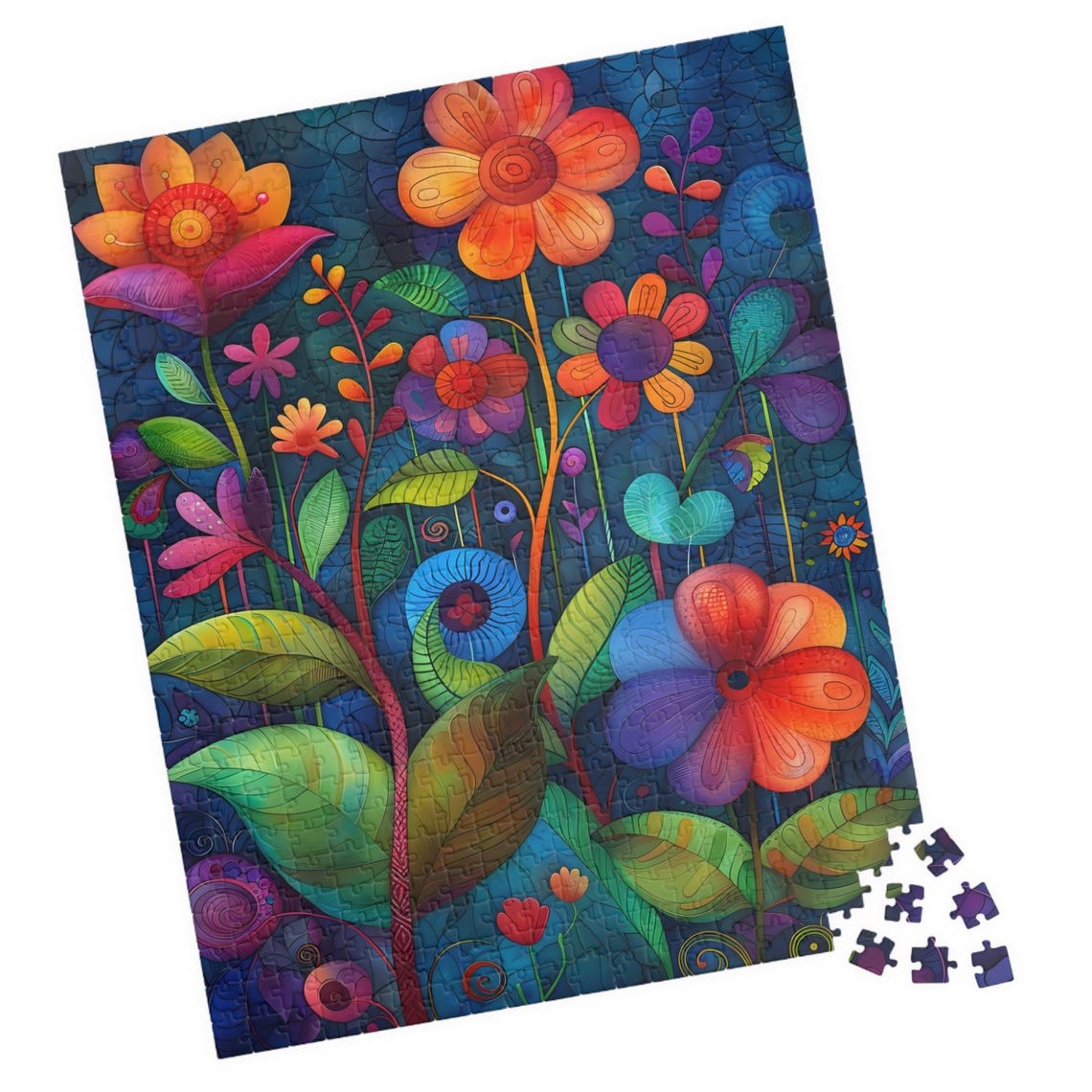 Colorful Folk Art Flower Garden Whimsical Bloom Field Poster Night