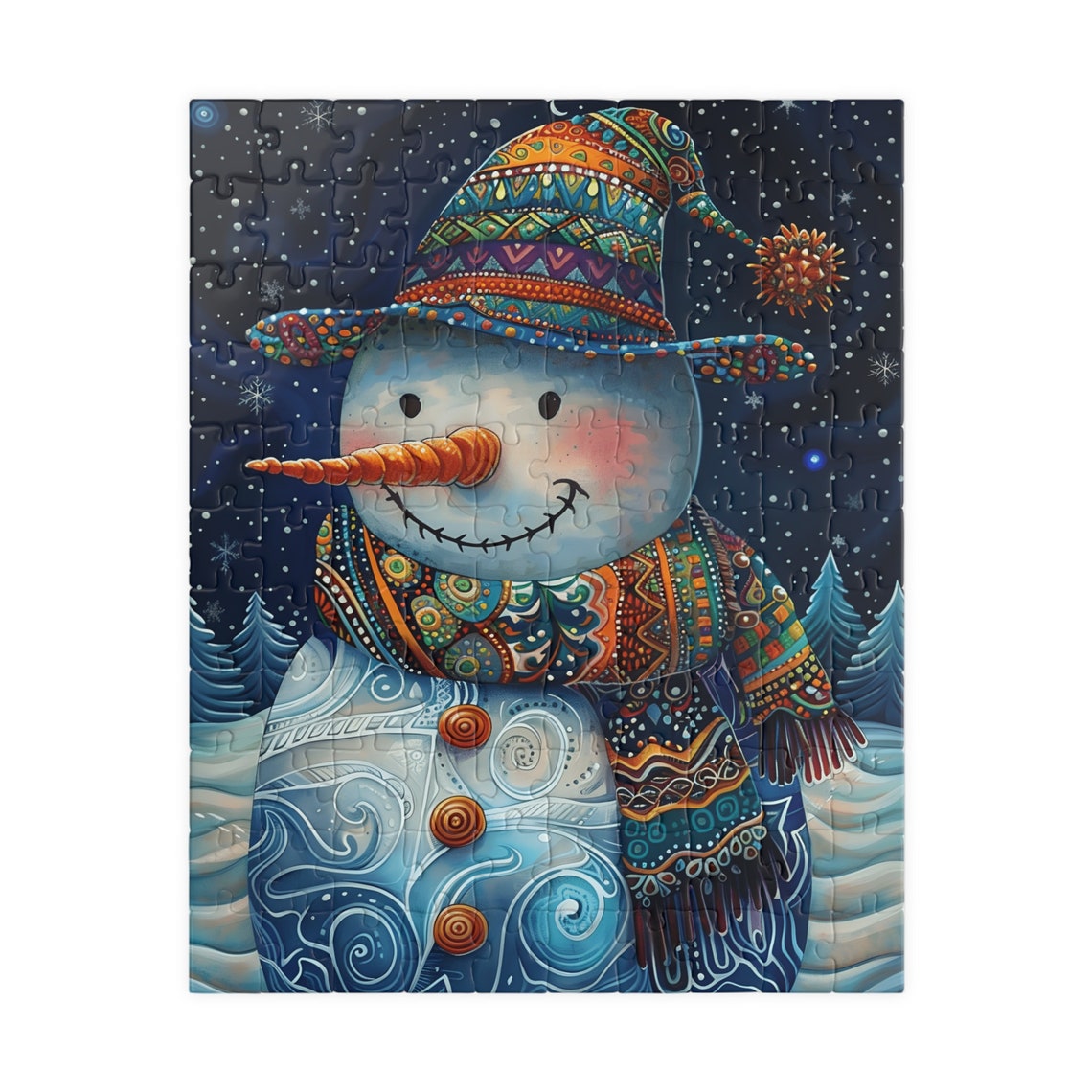 Whimsical Snowman Wearing a Patterned Starry Night Hat Poster - Image 6