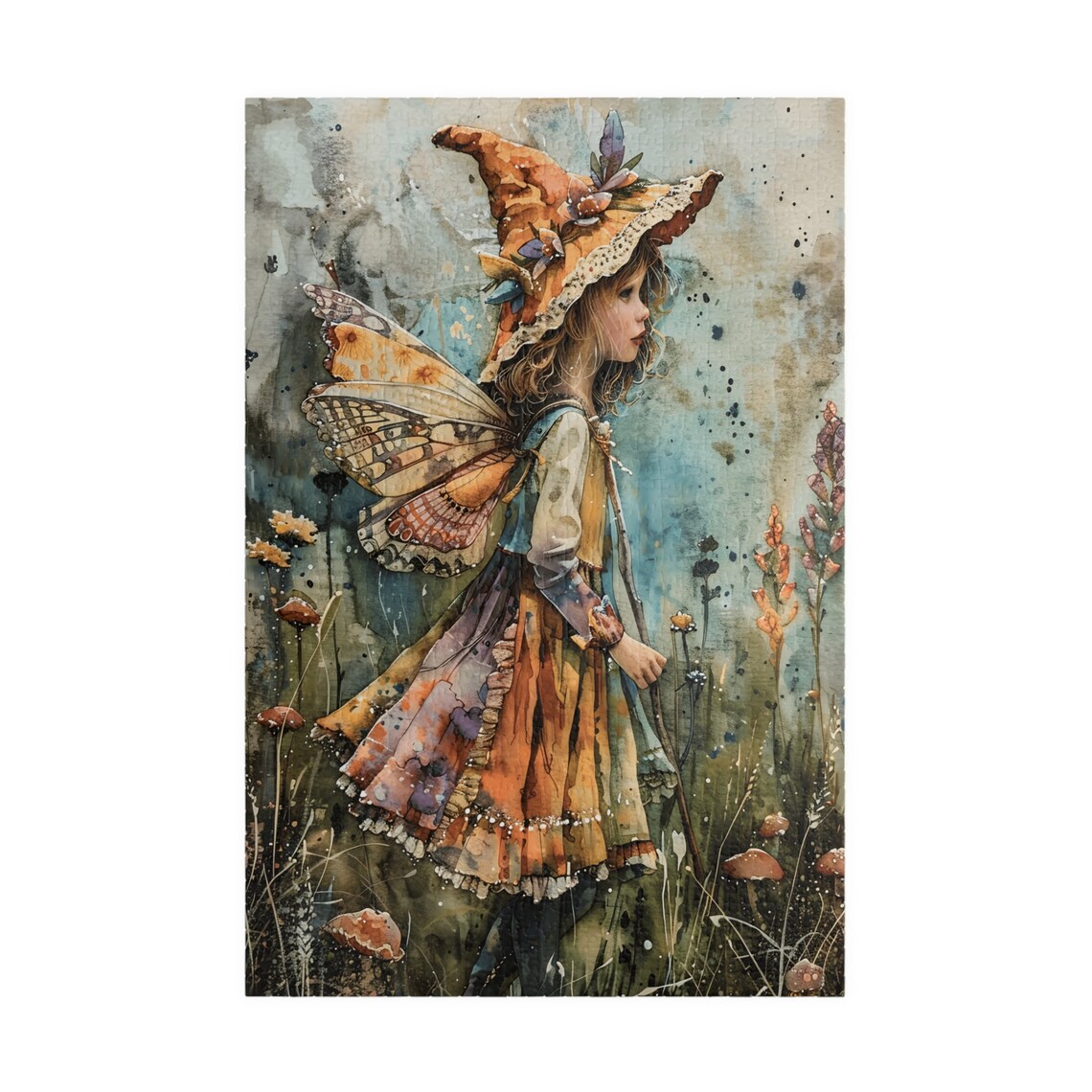 Watercolor Fairy Girl Floppy Hat Butterfly Wings Field Poster - Image 3