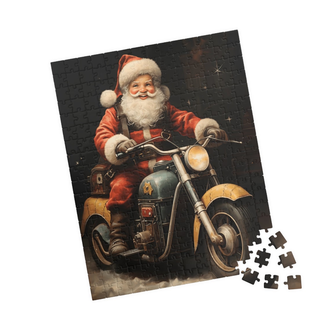 Cheerful Santa Claus Riding a Vintage Motorcycle at Night Art Print - Image 4