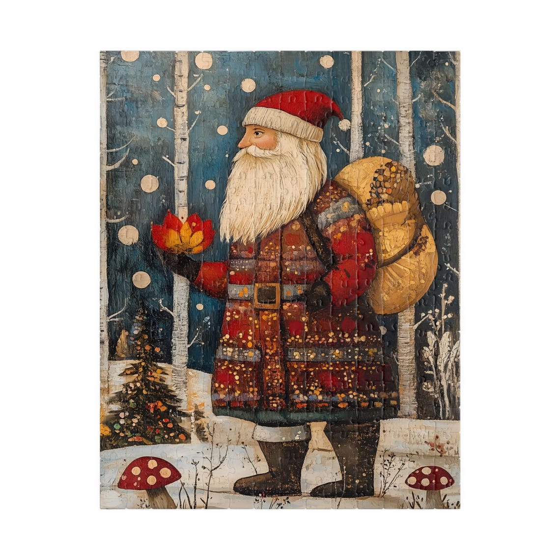 Russian Folk Art Santa in Snowy Birch Forest with Gift Sack Poster - Image 5