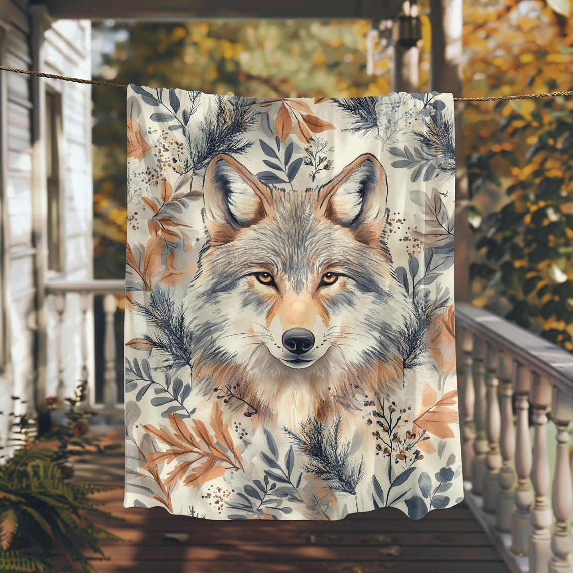 Noble Wolf Portrait with Autumn Leaf Pattern in Earthy Tones Poster