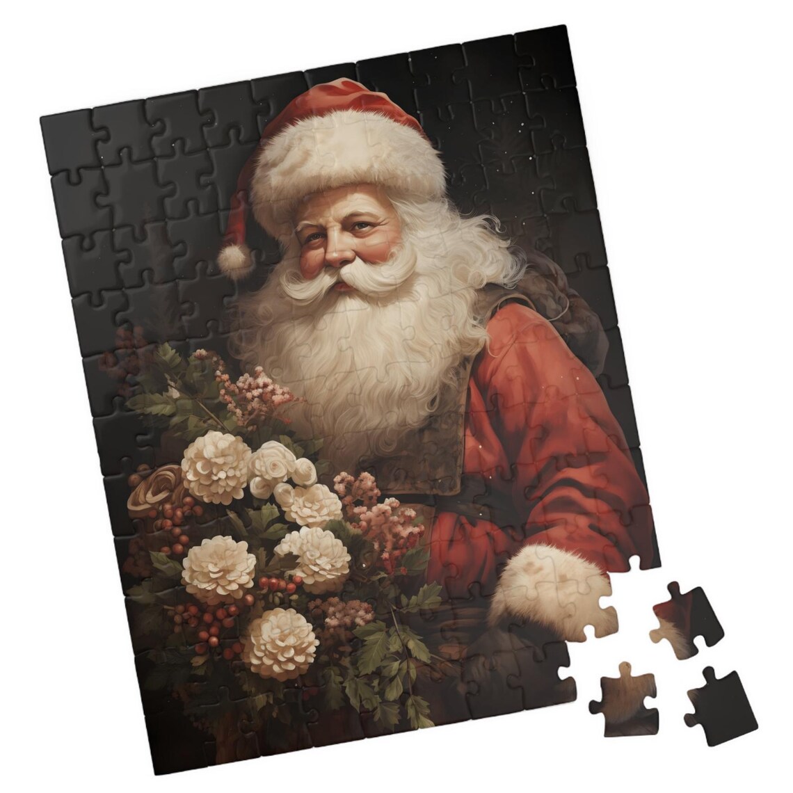 Vintage Santa Claus Portrait with White Flowers and Berries Art Print