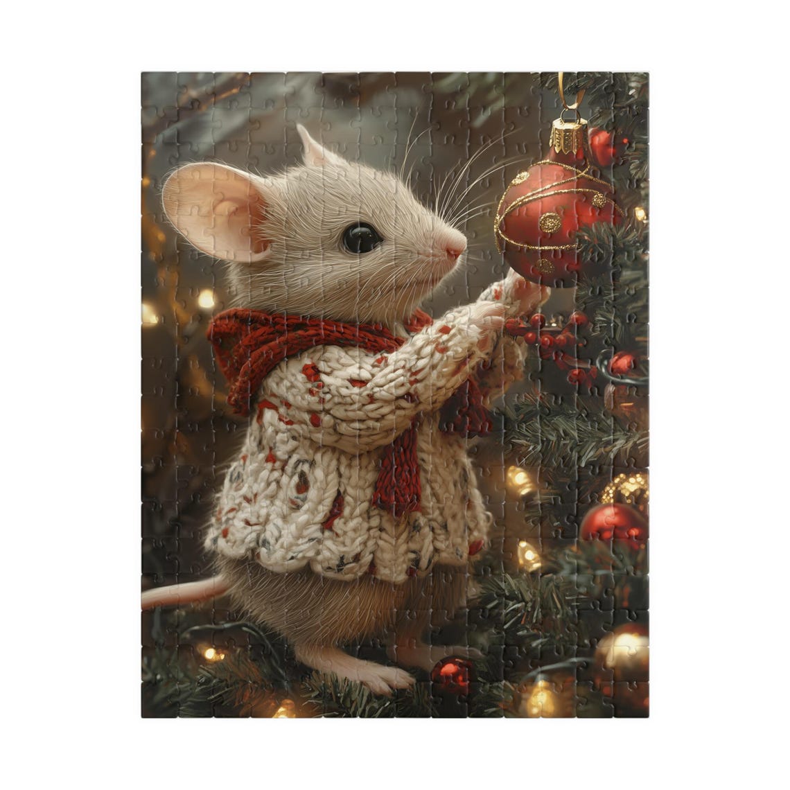 White Mouse in a Knit Sweater Decorating a Christmas Tree Print - Image 5