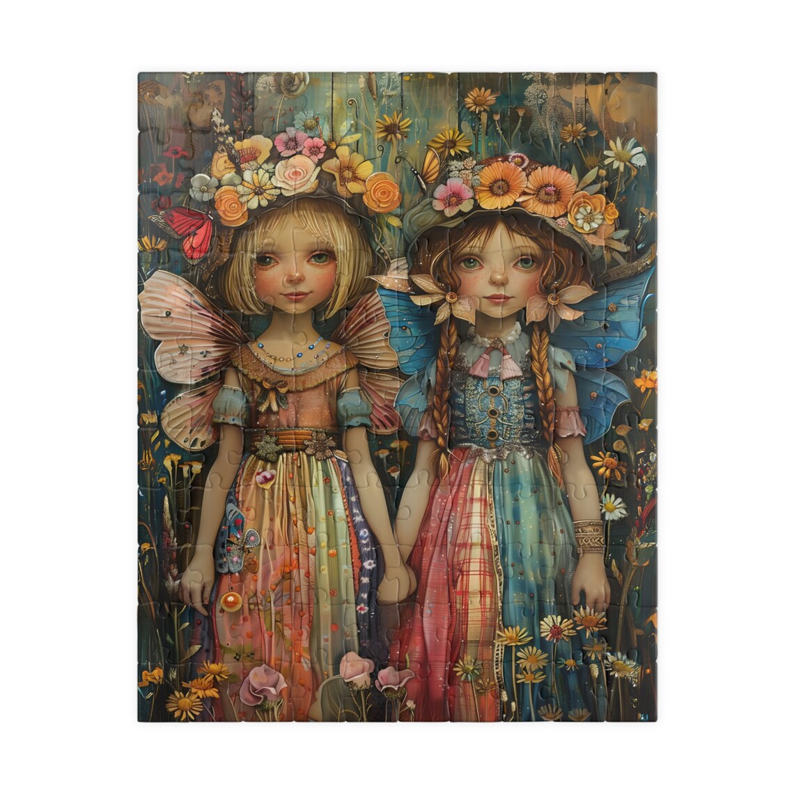 Country Fairy Sisters Holding Hands Flower Crowns Folk Art Poster - Image 2