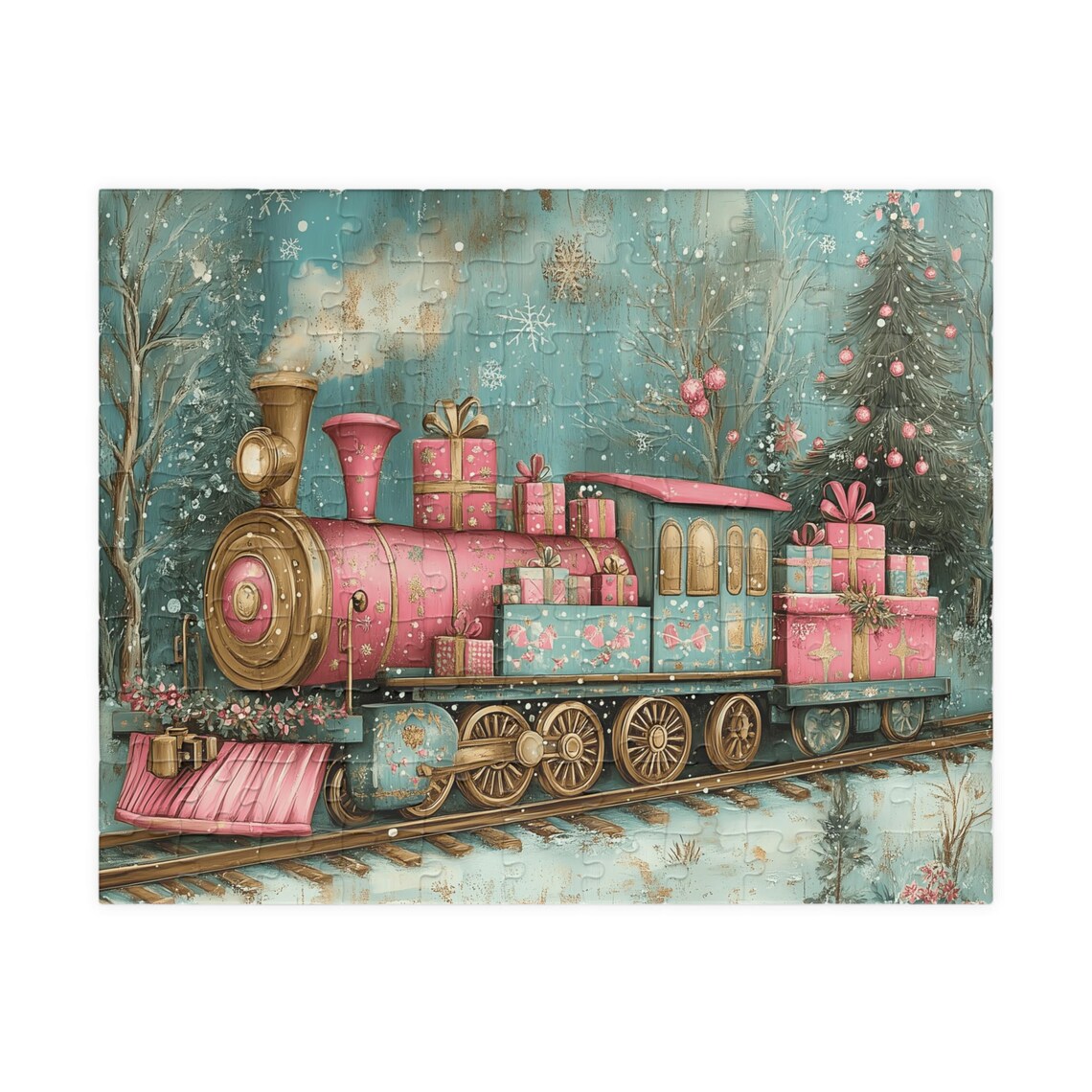 Pink and Blue Christmas Train with Presents Snowy Winter Poster - Image 5