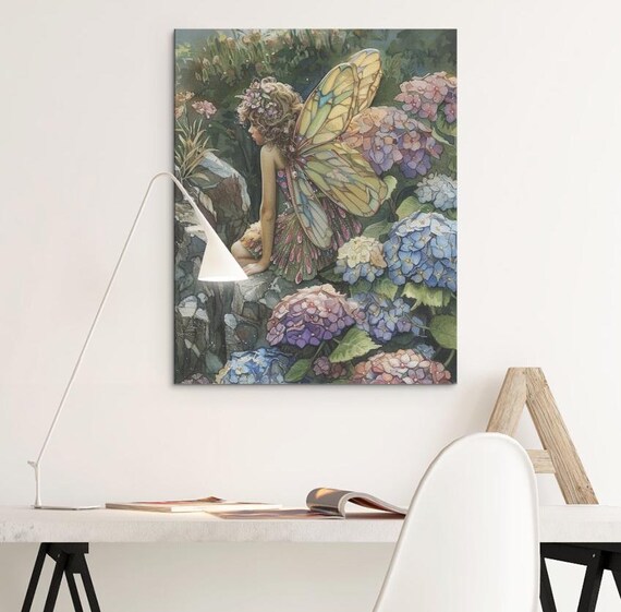 Fairy With Stained Glass Wings Among Hydrangeas Painting Poster
