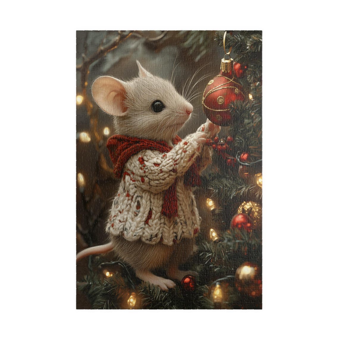 White Mouse in a Knit Sweater Decorating a Christmas Tree Print - Image 3