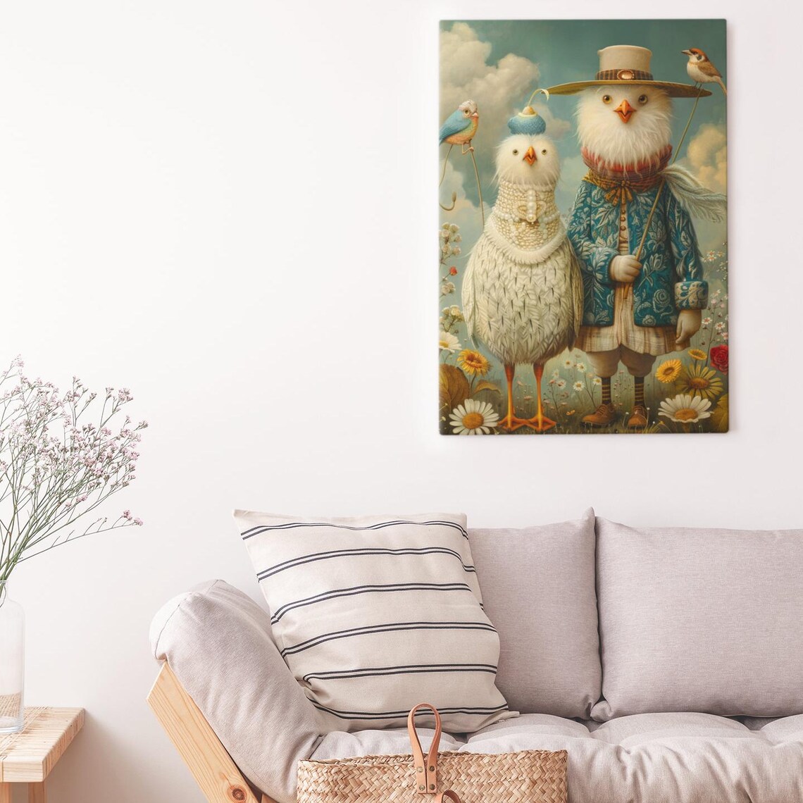 Two Dressed Birds In Fancy Hats Among Wildflowers Art Poster - Image 2