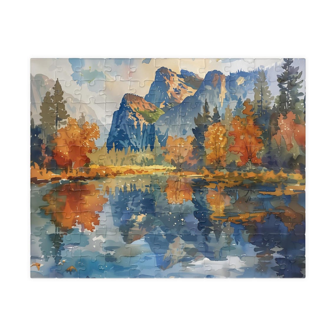 Autumn Mountain Lake Watercolor with Granite Cliffs Reflection Poster - Image 5