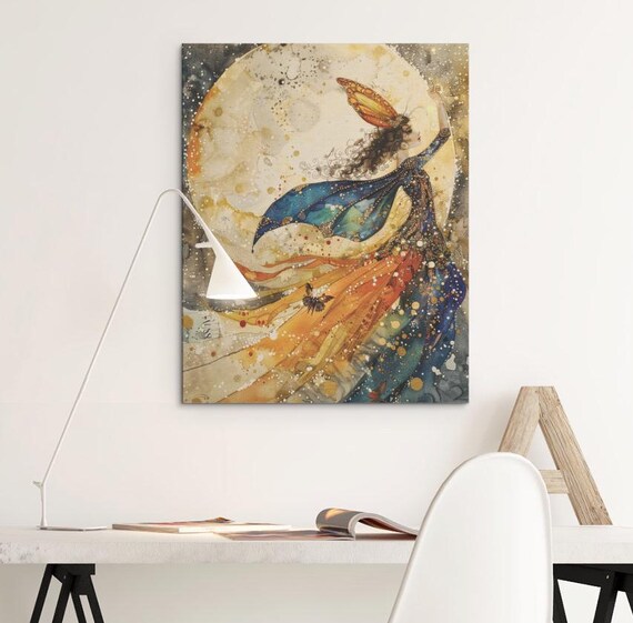 Fairy Reaching Toward the Full Moon in Starry Gown Watercolor Poster