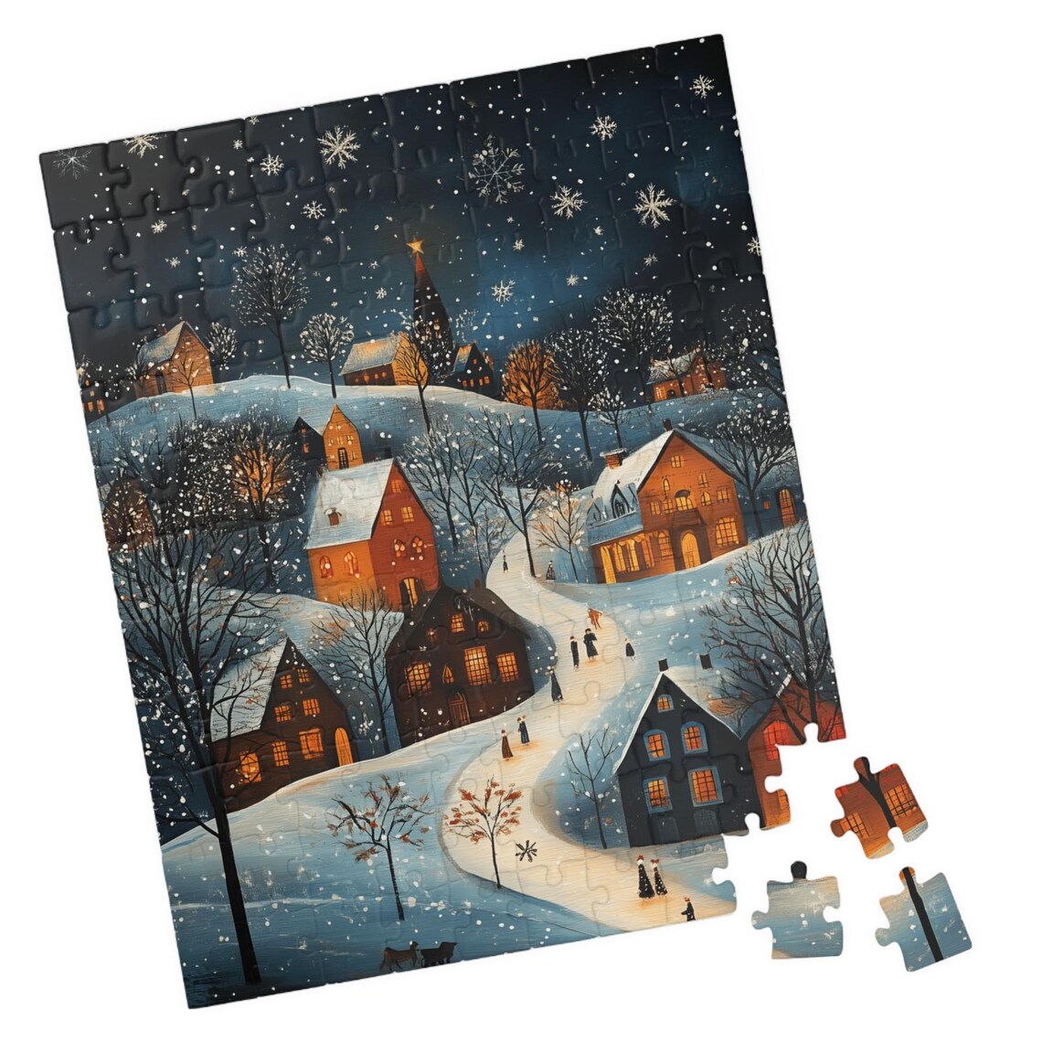 Scandinavian Snowy Village Night With Starlit Church Spire Folk Poster