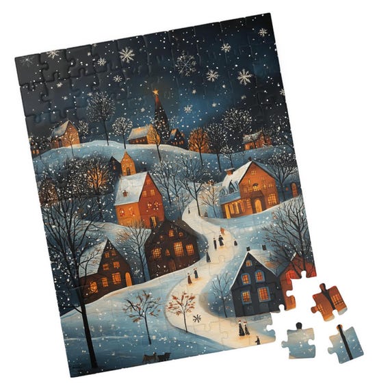 Scandinavian Folk Art Snowy Village Jigsaw Puzzle Gift For Holidays Birthdays Get Well And Nursing Homes Fun Tech Free Activity