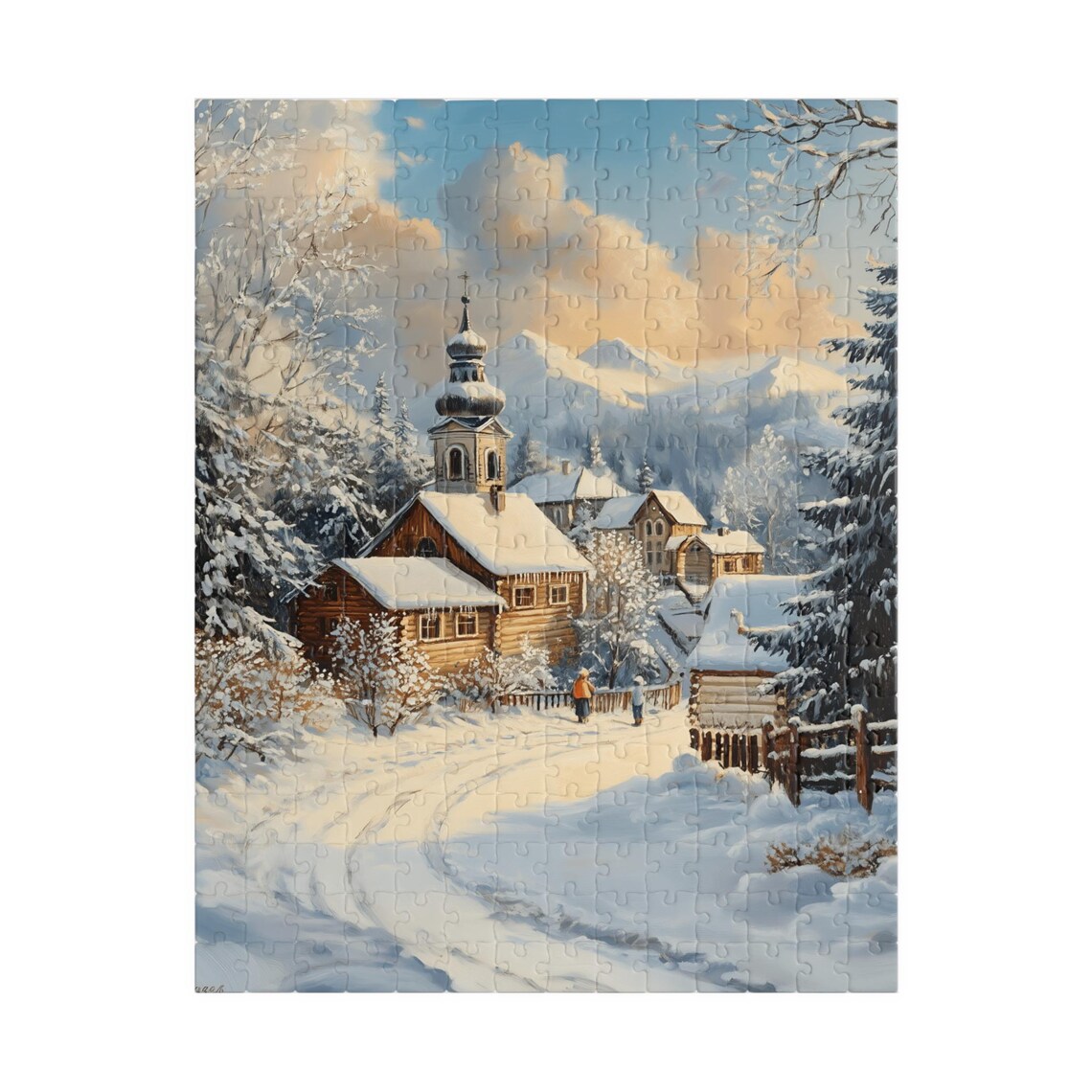Winter Village With Wooden Church and Snowy Mountain Morning Art Poster - Image 5