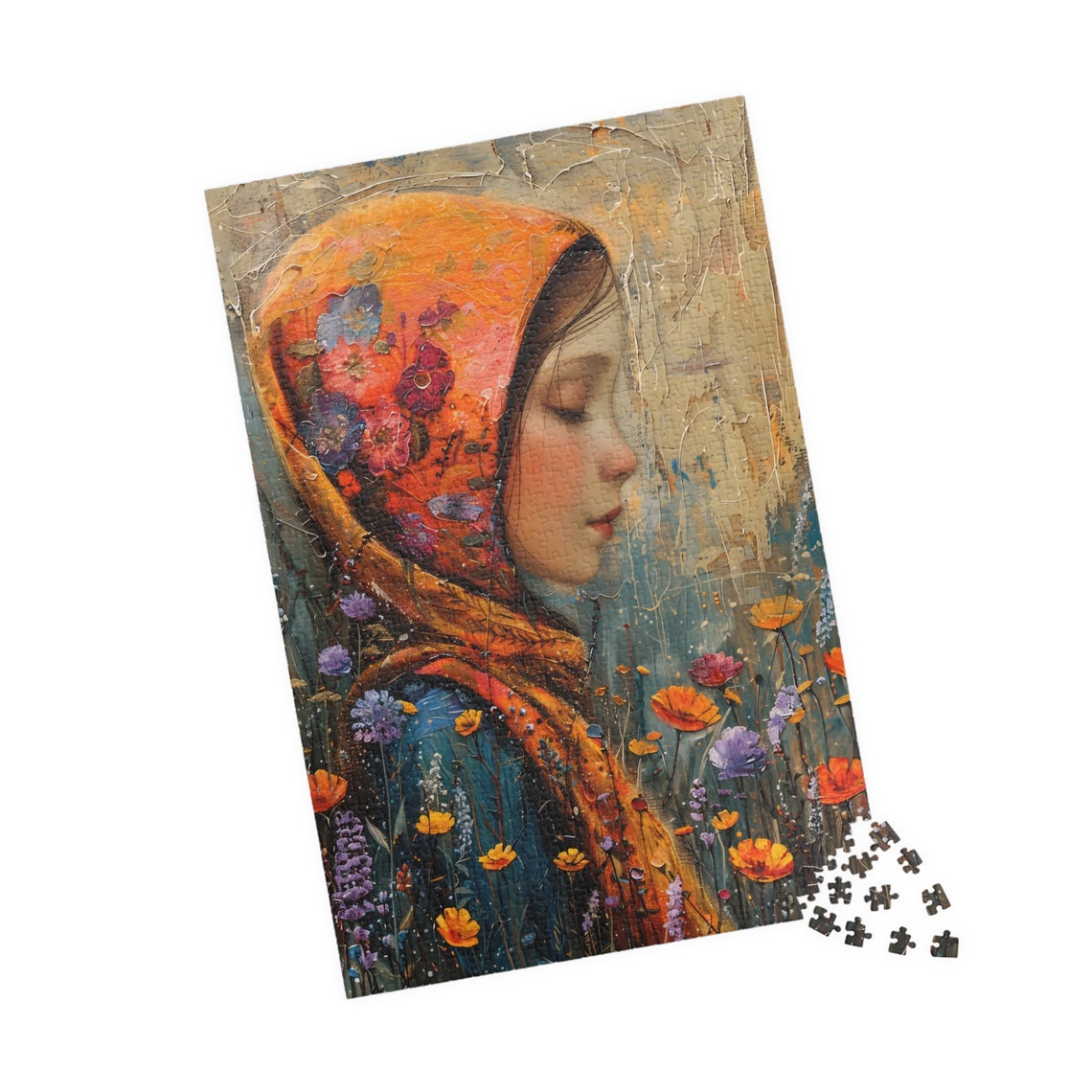 Portrait of a Girl in an Orange Floral Scarf Textured Art Poster - Image 4