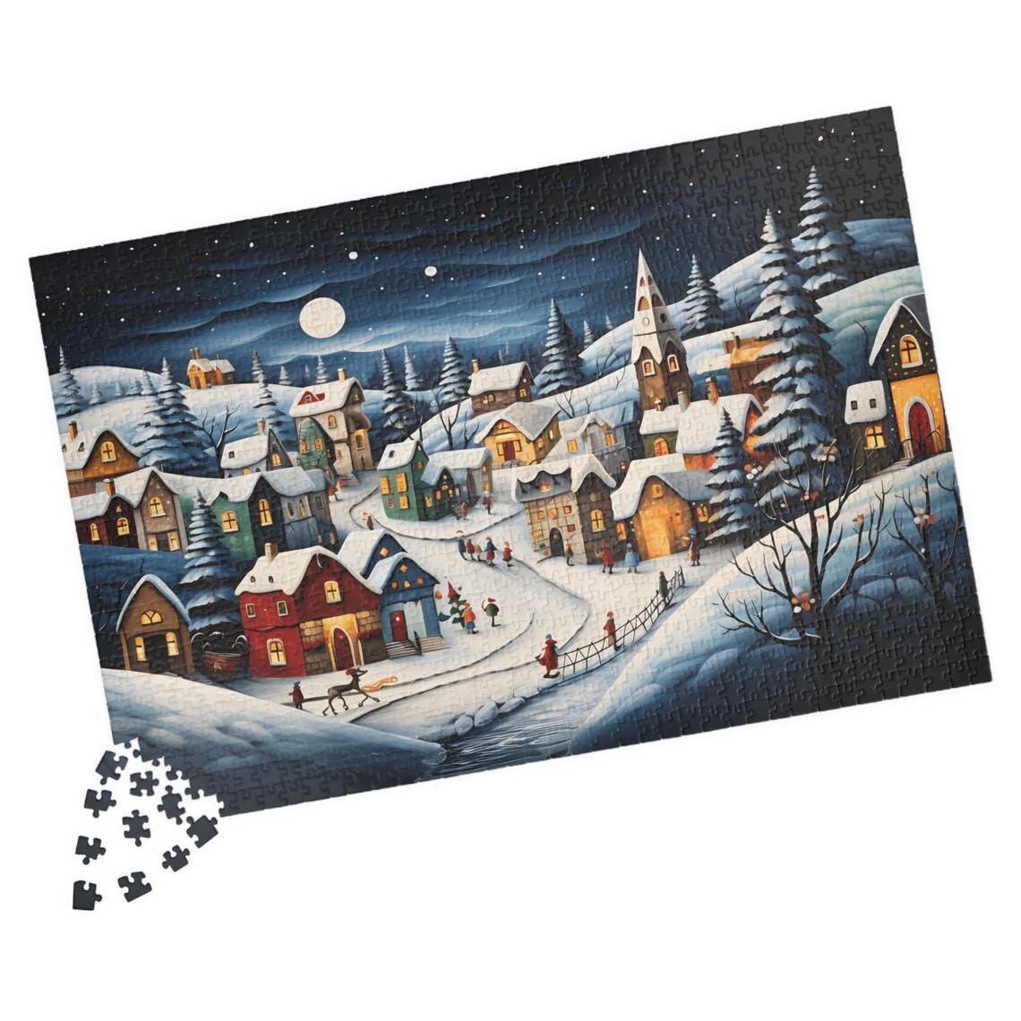 Moonlit Winter Village Folk Art Glowing Cottages Snowy Night Poster