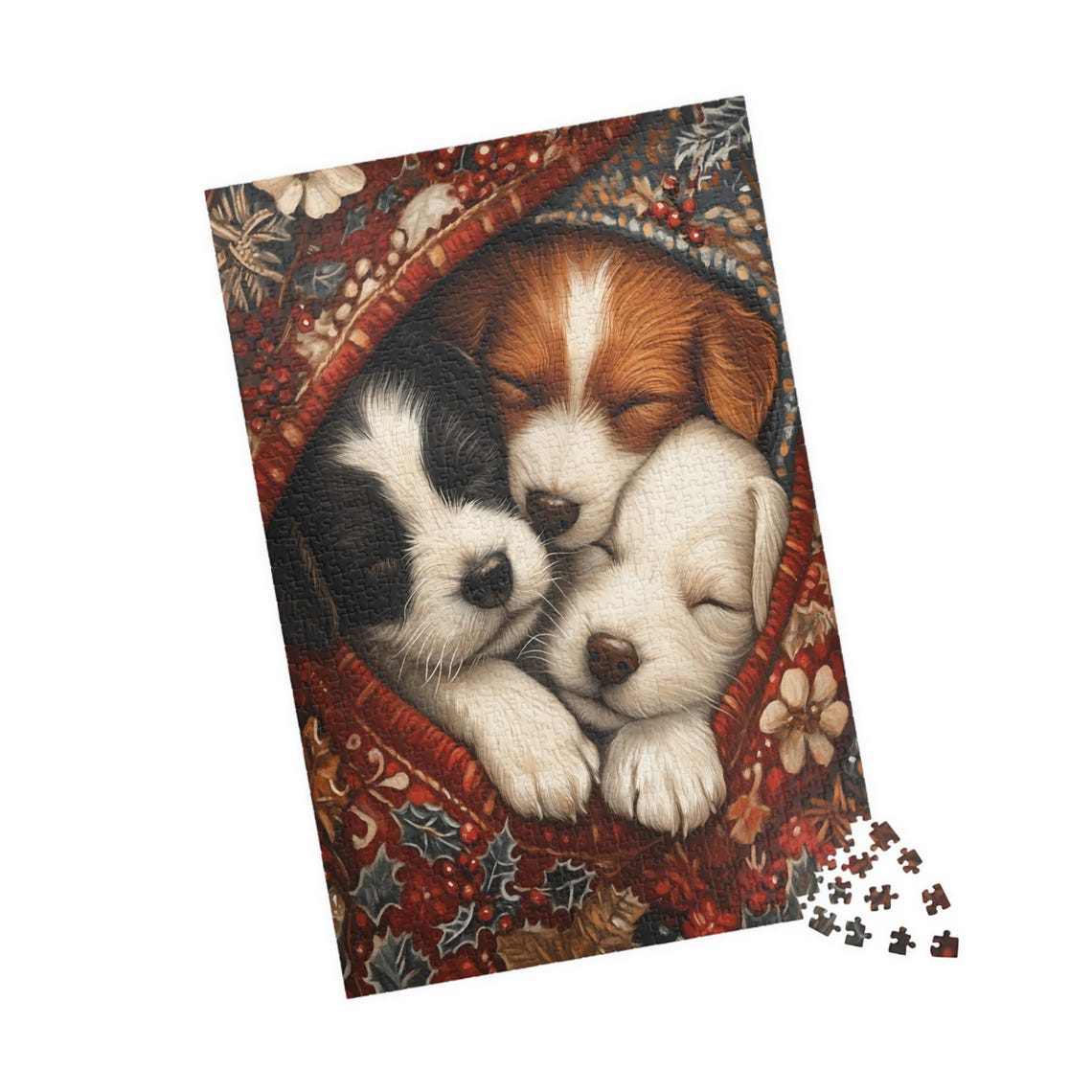 Three Sleeping Puppies Nestled in a Floral Blanket Cute Dog Poster - Image 4