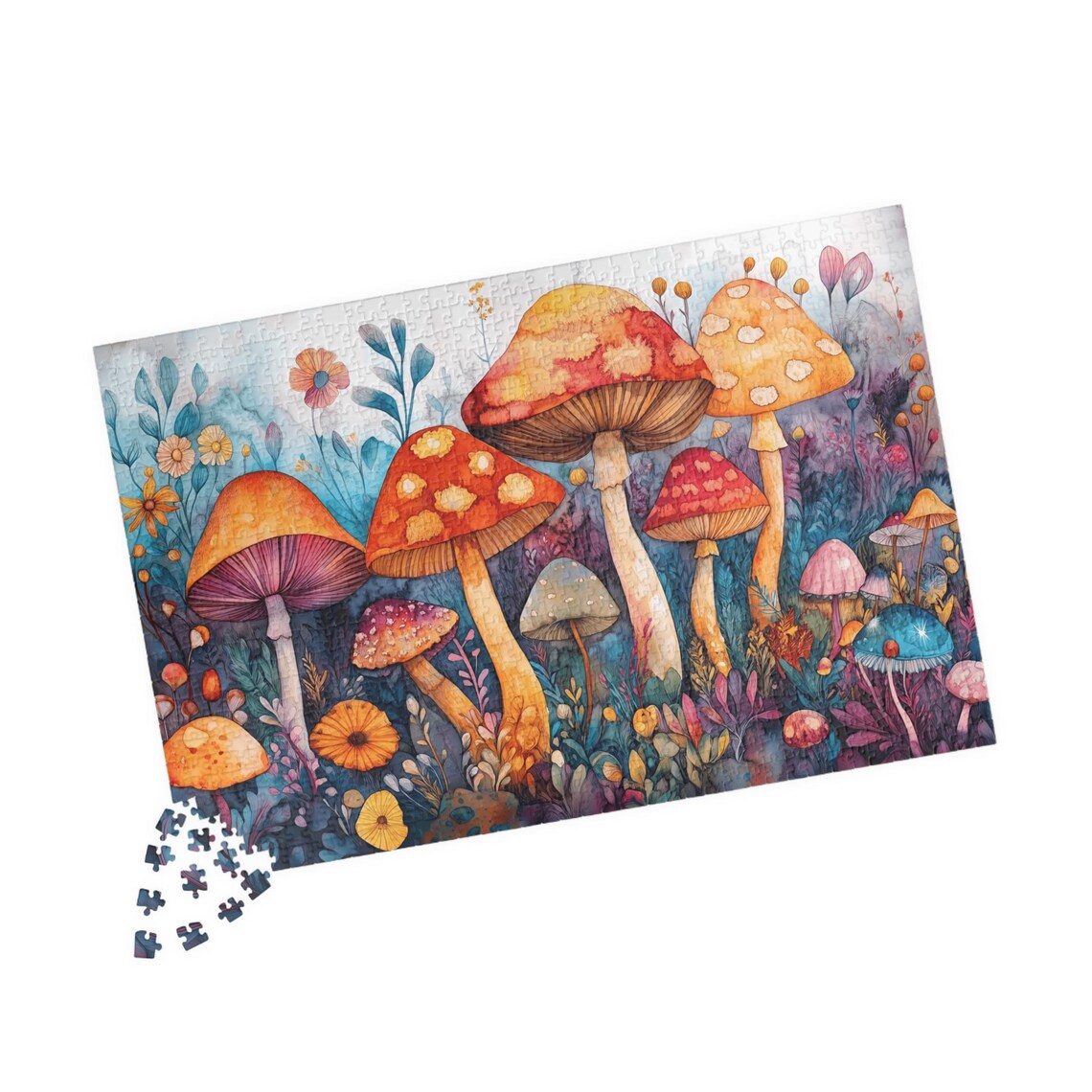 Colorful Watercolor Mushrooms in a Blooming Flower Garden Art Print - Image 4
