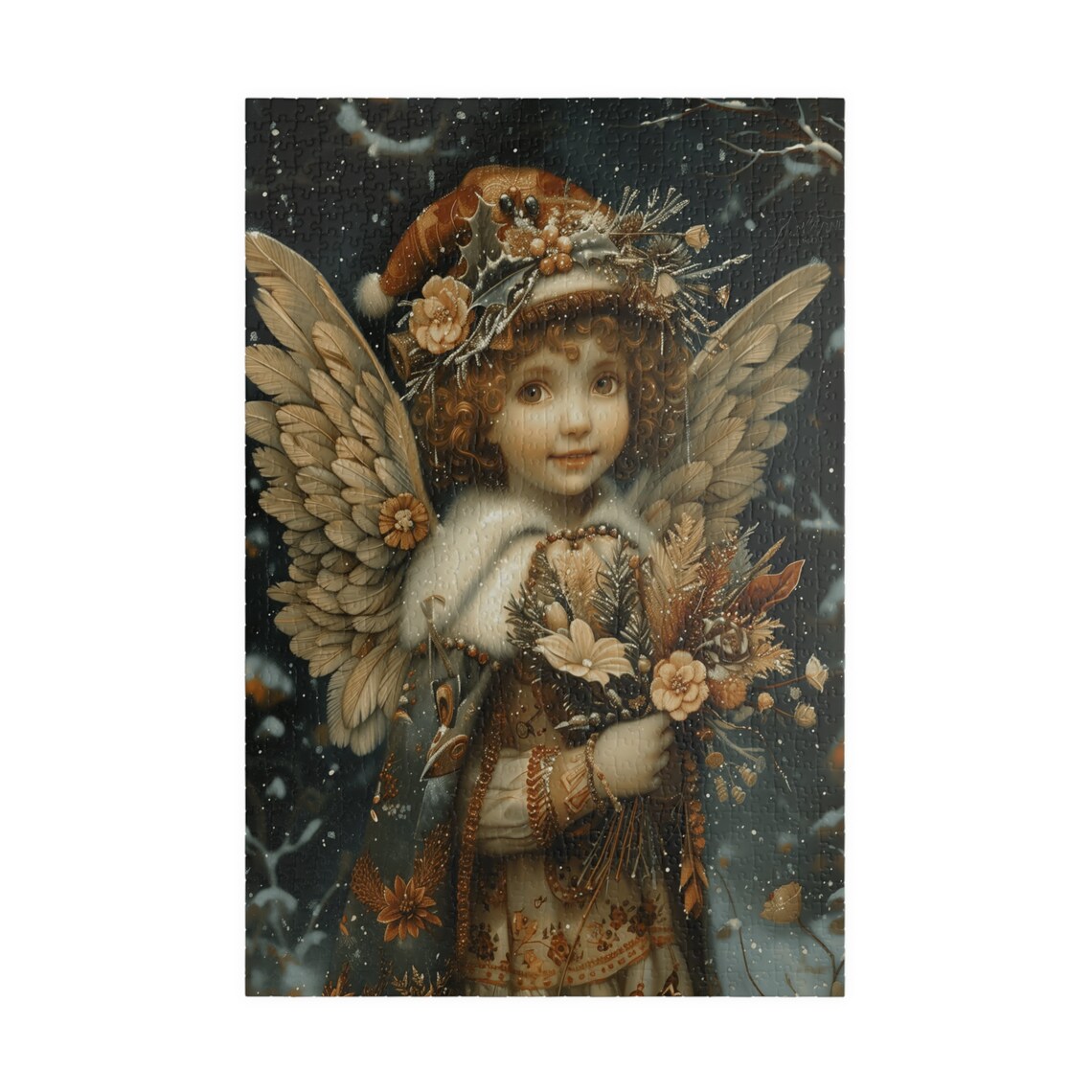 Vintage Winter Angel Girl with Feathered Wings and Flower Bouquet Poster - Image 5