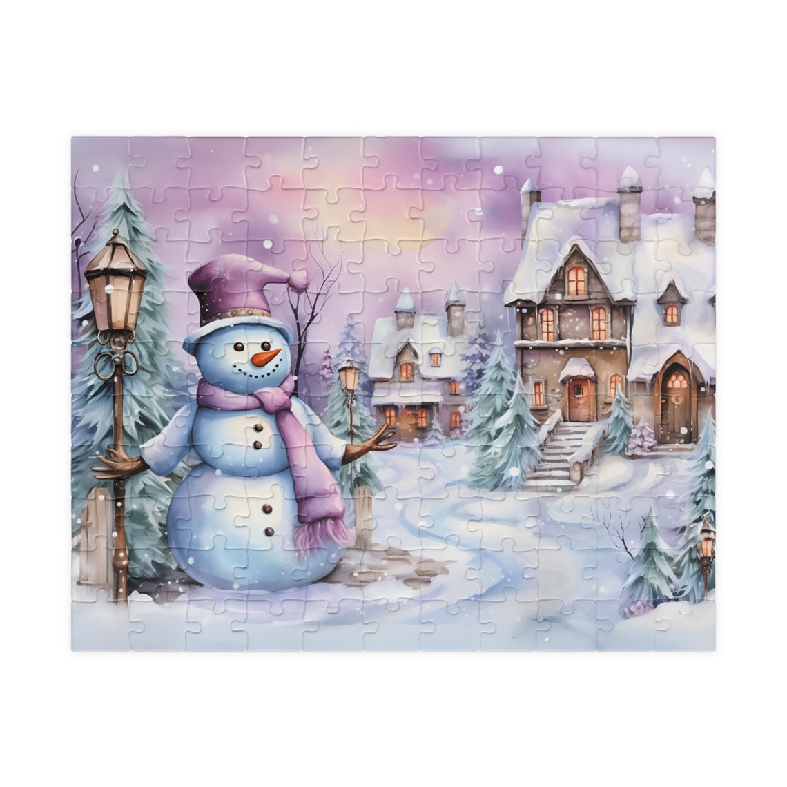 Snowman in Snowy Village Dusk Glowing Windows Winter Art Poster - Image 5