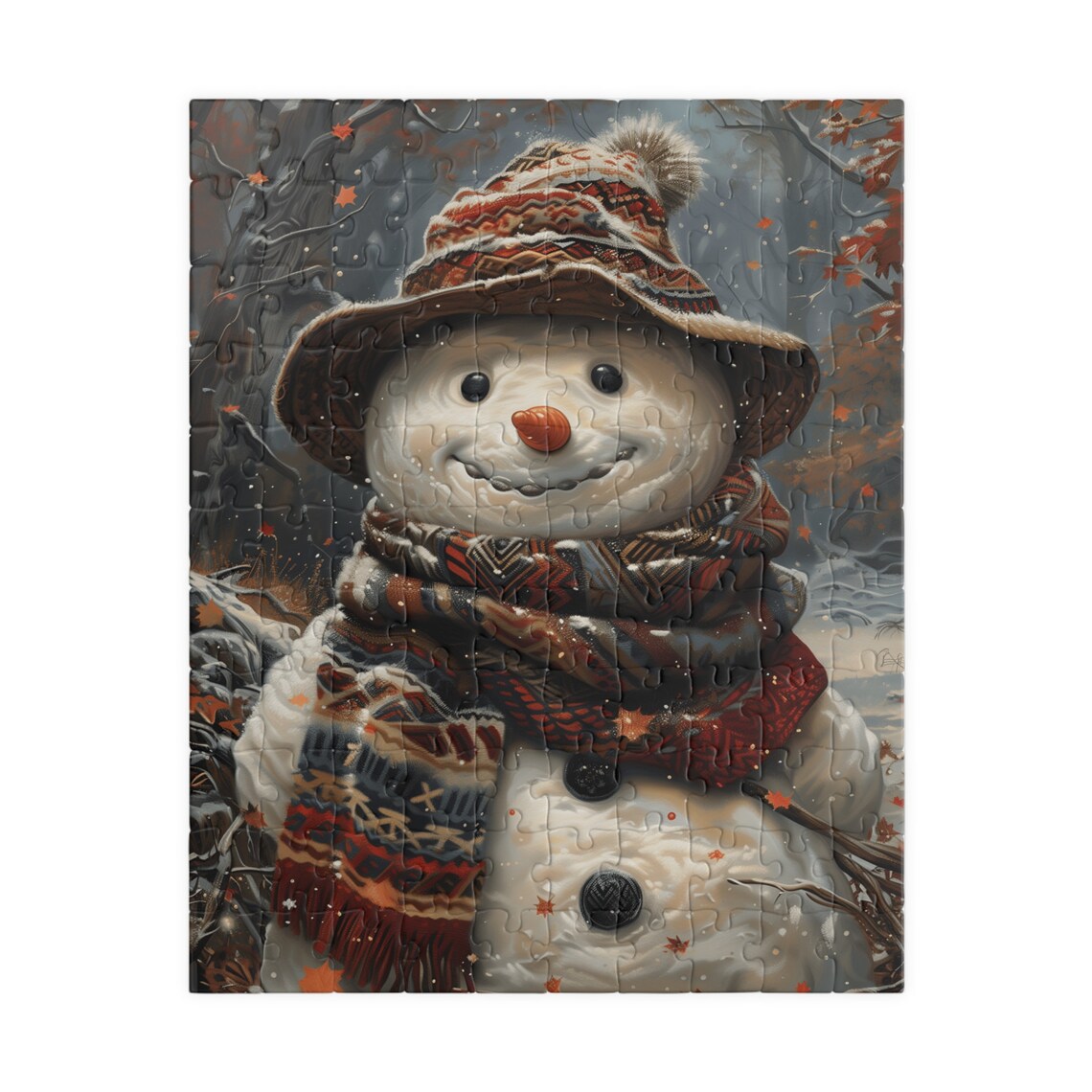 Smiling Snowman In Knit Hat And Scarf Autumn Leaves Art Poster - Image 5