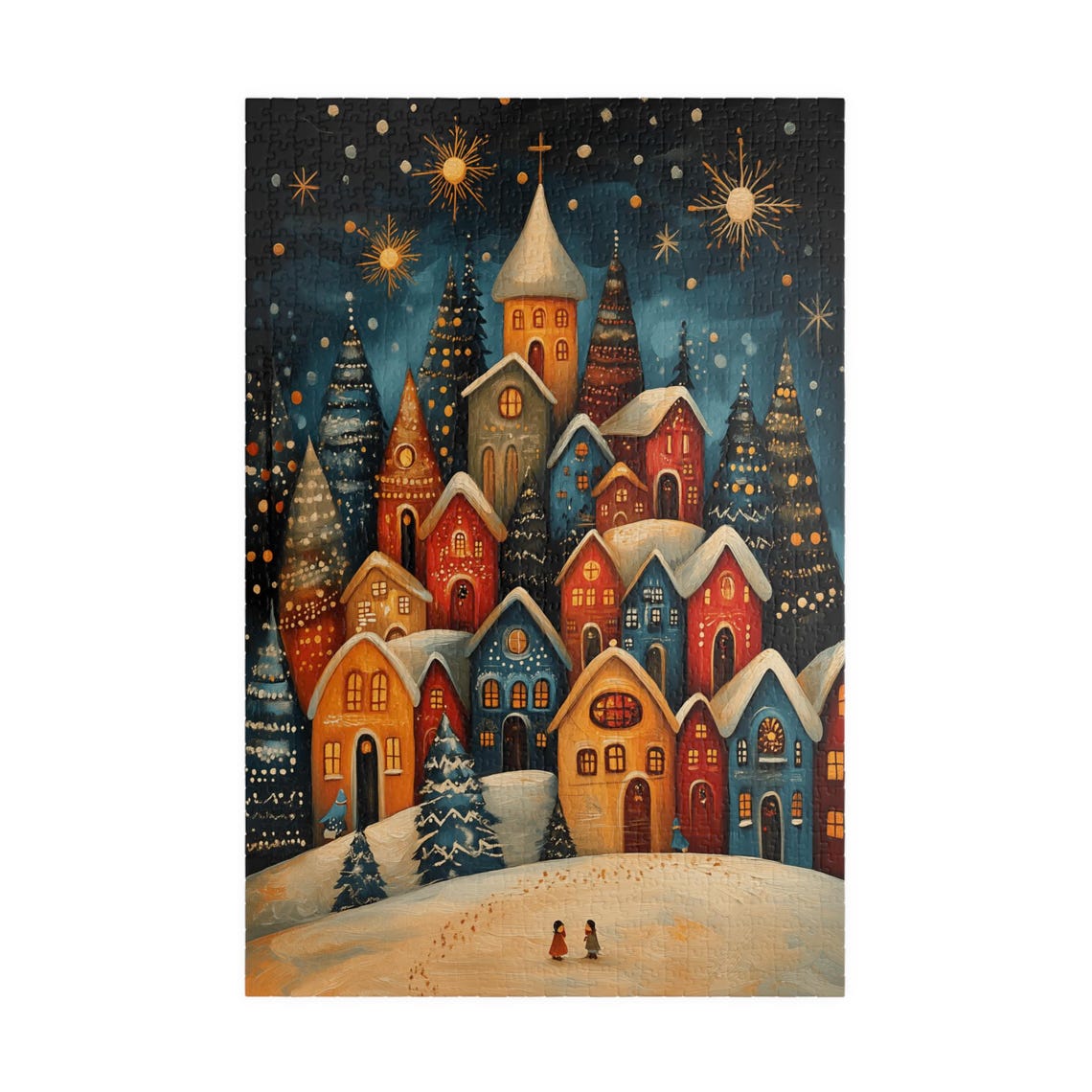 Starry Night Folk Art Village With Church and Glowing Windows Poster - Image 3