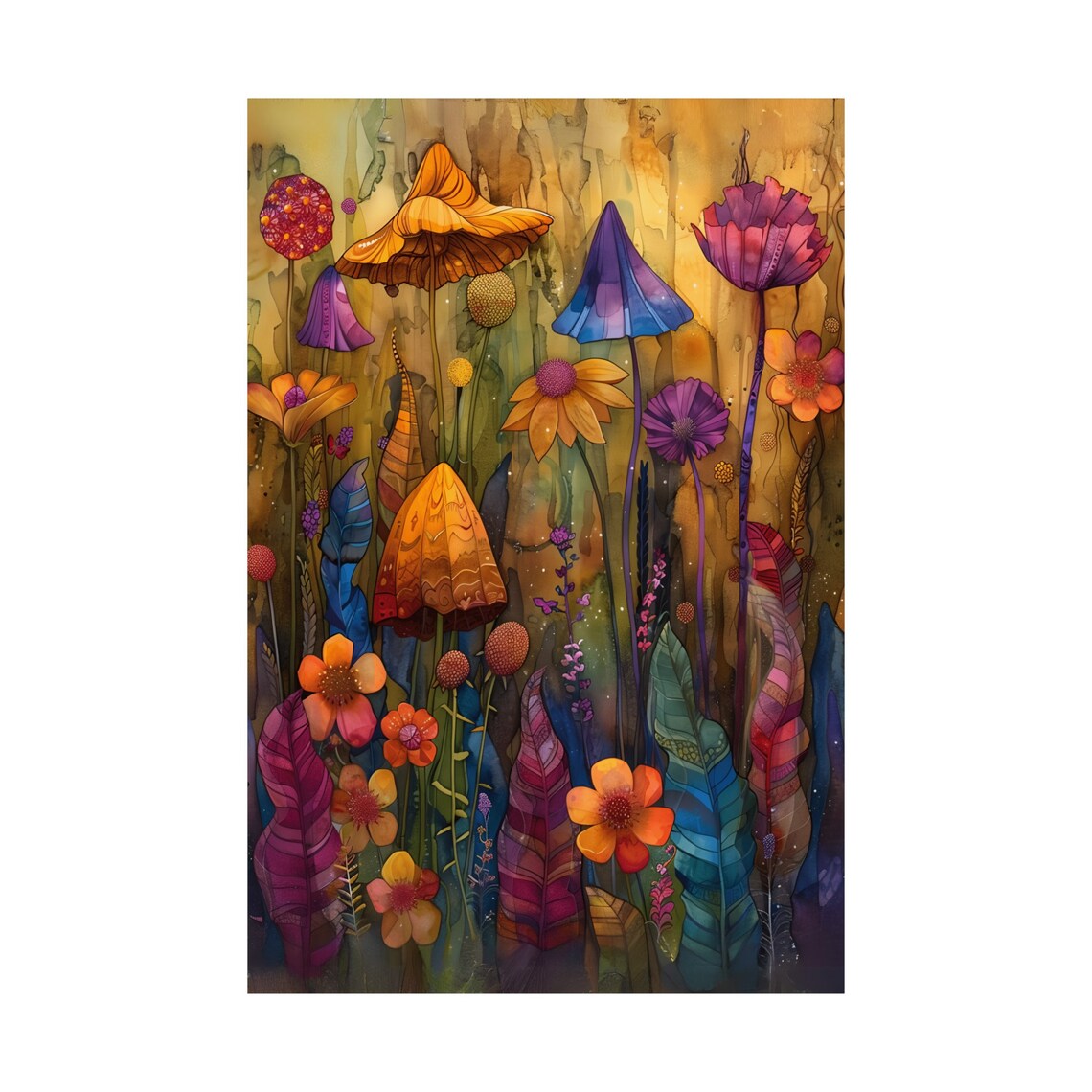 Whimsical Watercolor Garden of Tall Colorful Wildflowers Art Print