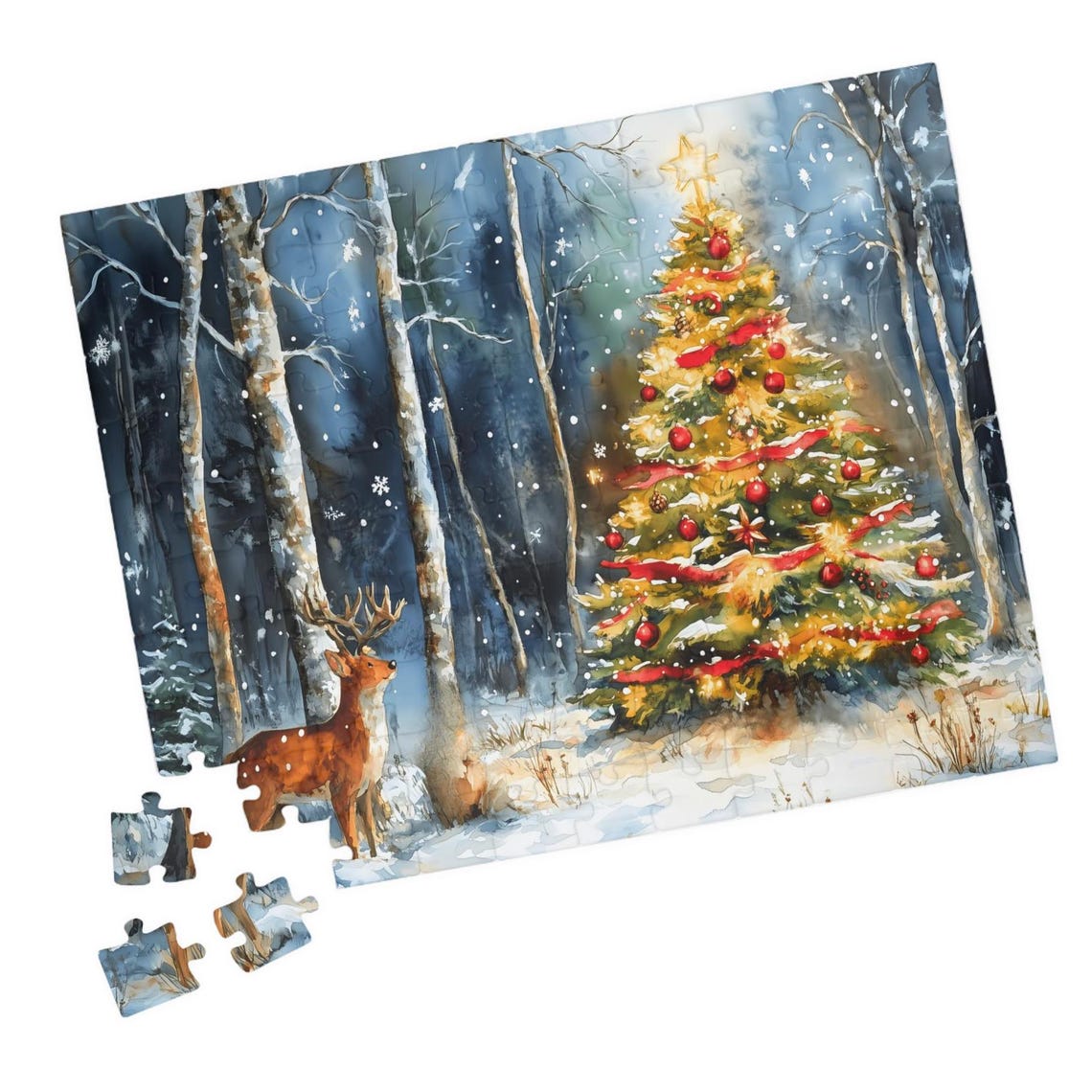 Deer Beside A Glowing Christmas Tree In A Snowy Birch Forest Print