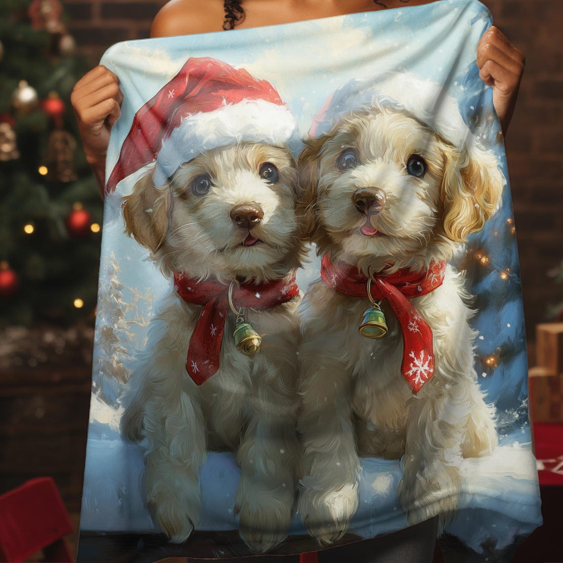 Two Doodle Puppies in Santa Hats and Red Scarves Christmas Dog Poster