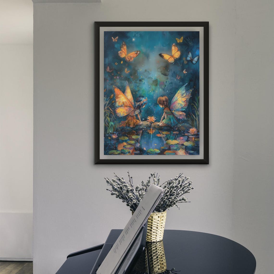 Two Fairies by Moonlit Pond Lily Pads Butterflies Watercolor Poster - Image 2