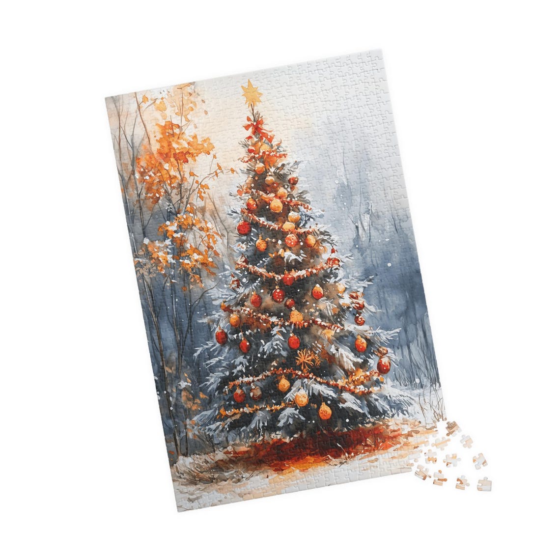 Snow Dusted Christmas Tree With Red And Gold Ornaments Art Print - Image 4