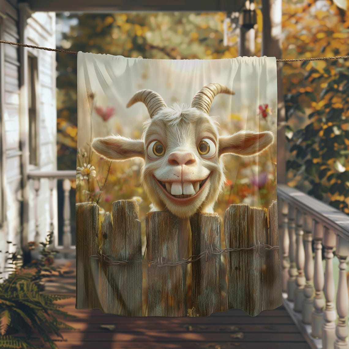 Happy Smiling Goat Peeking Over a Rustic Wooden Fence Poster