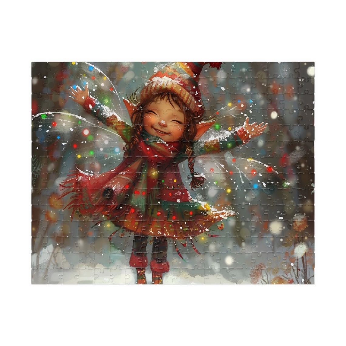 Joyful Elf Girl Dancing In Falling Snow Holiday Jigsaw Puzzle Print - Image 2