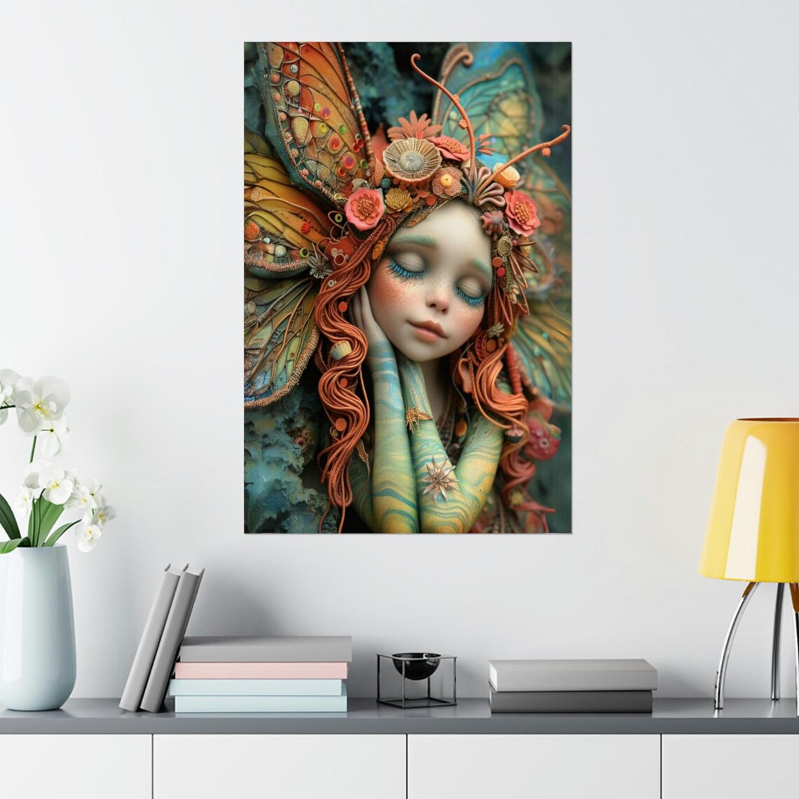 Dreamy Sleeping Fairy With Butterfly Wings Floral Fantasy Wall Art