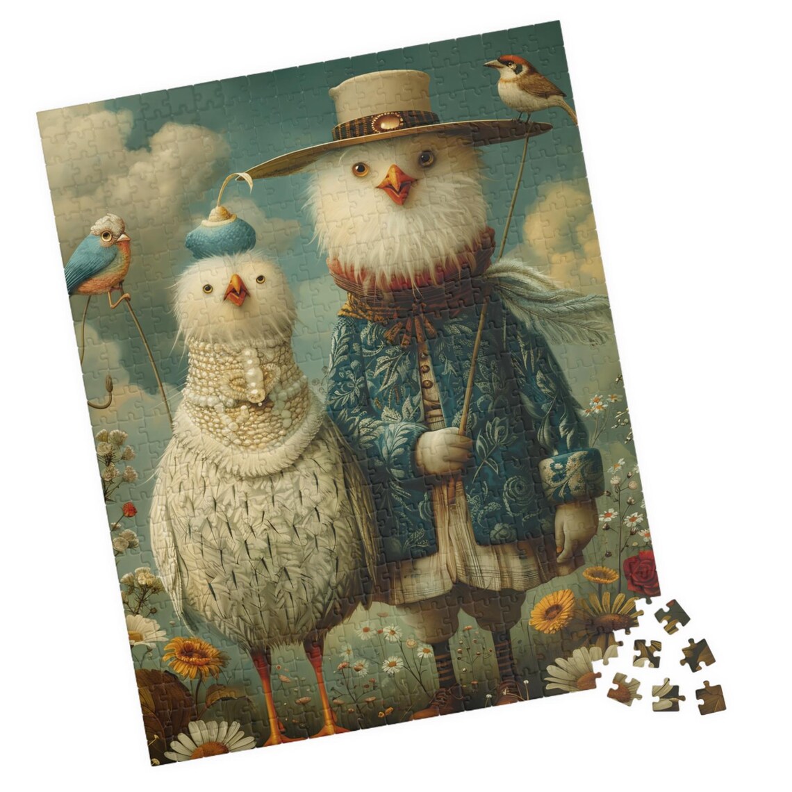 Whimsical White Birds Fancy Clothes Charming Dressed Up Bird Poster