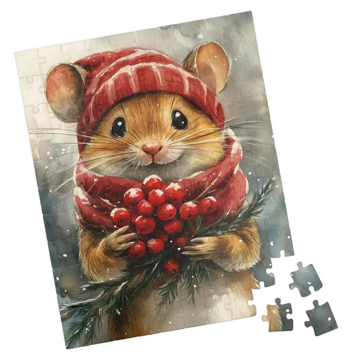 Cute Mouse In Red Knit Hat Holding Berries Jigsaw Puzzle Print