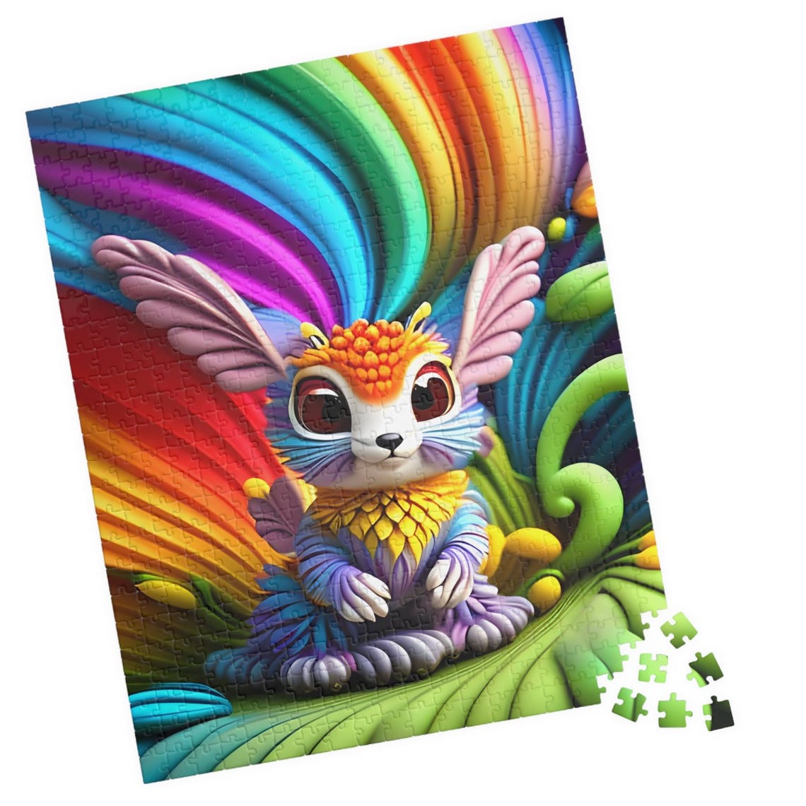 Diversa Rainbow Feather Fantasy Bunny Sitting on Green Leaf Poster