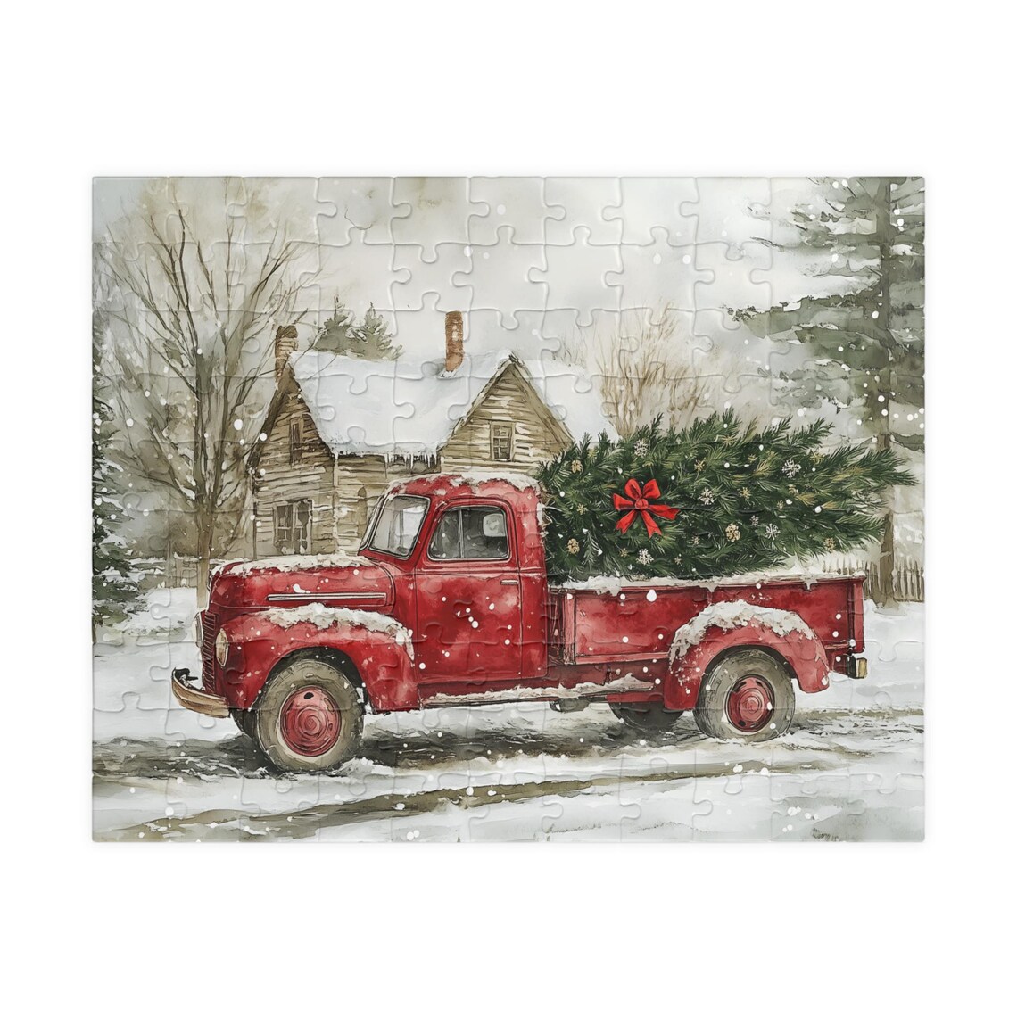 Vintage Red Truck with Christmas Tree Snowy Country House Poster - Image 5