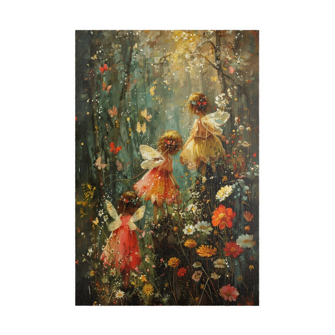 Three Woodland Fairies in a Flower Forest Watercolor Art Poster - Image 3