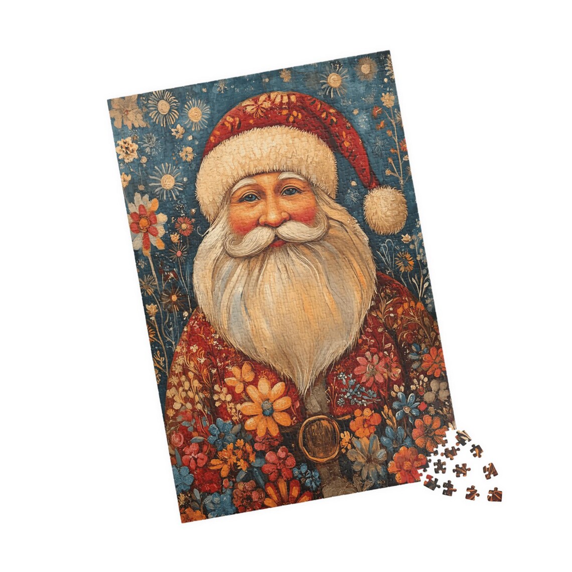 Scandinavian Santa Folk Art Portrait with Floral Red Coat Art Print - Image 4