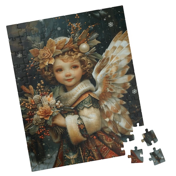 Winter Angel Child with Feathered Wings Holding Holiday Flowers Poster
