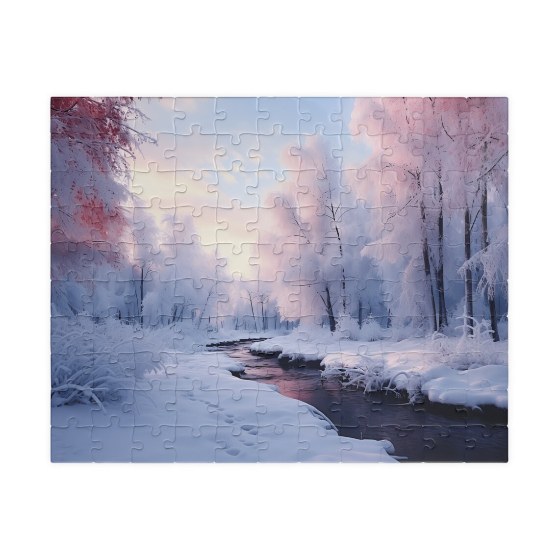 Snowy Forest Stream Early Winter Sunrise Pastel Pink Snow Poster - Image 5