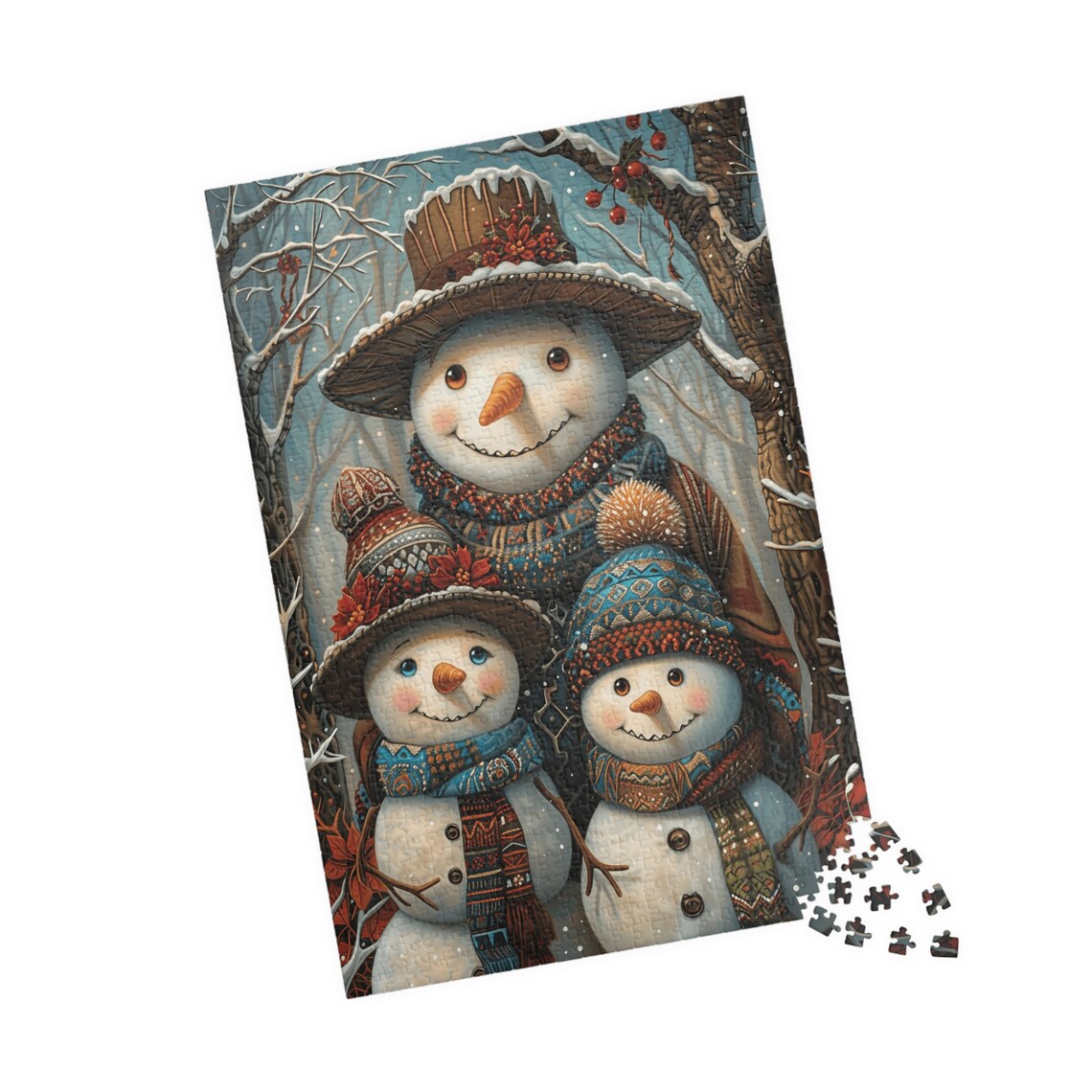 Snowdad and Two Snowkids in Cozy Knit Hats Snowing Woods Poster - Image 4