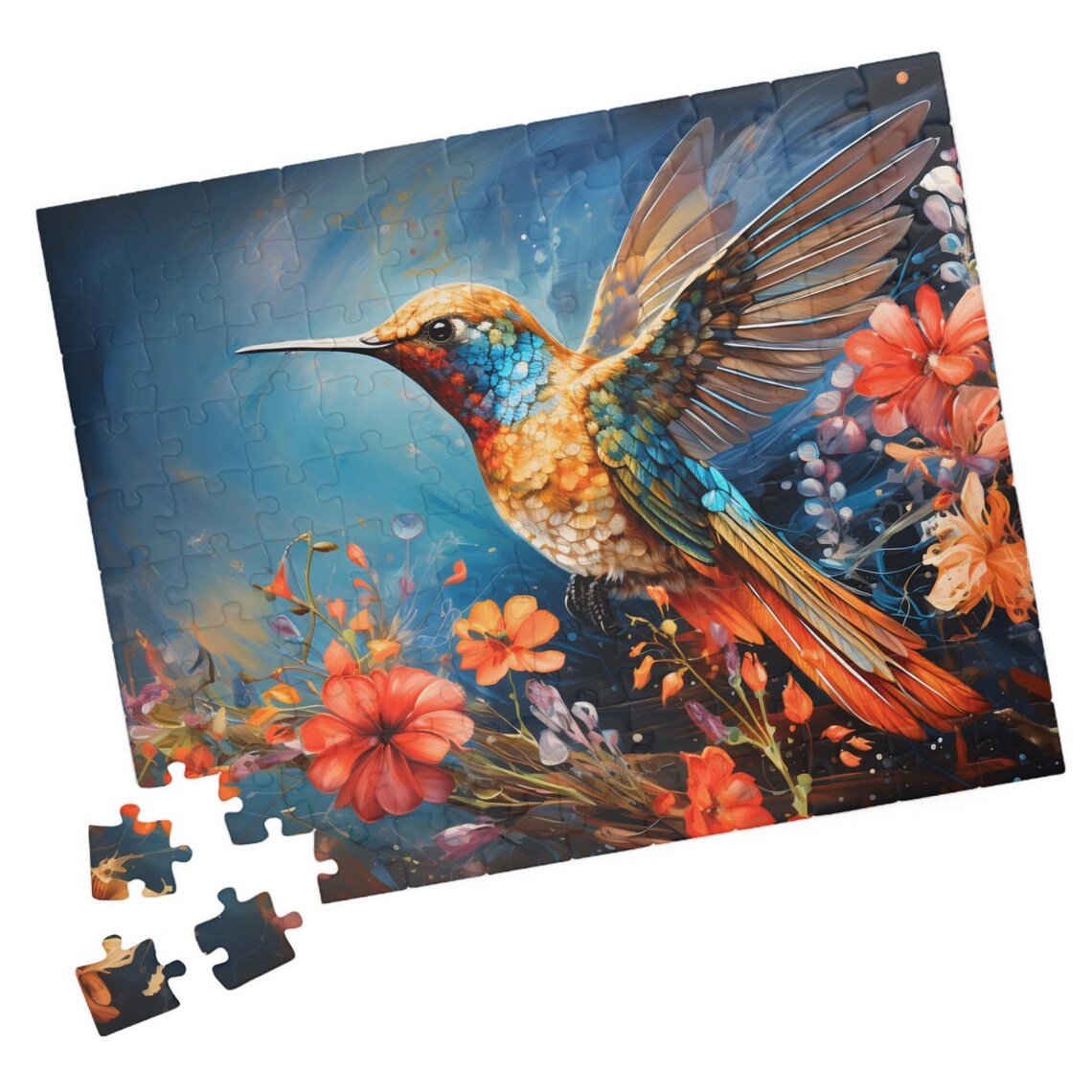 Colorful Hummingbird in Flight Among Vivid Red Flowers Poster