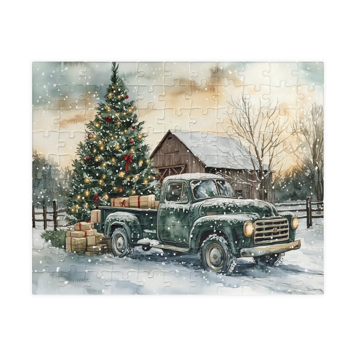 Vintage Green Truck With Christmas Tree Gifts and Red Barn Poster - Image 5