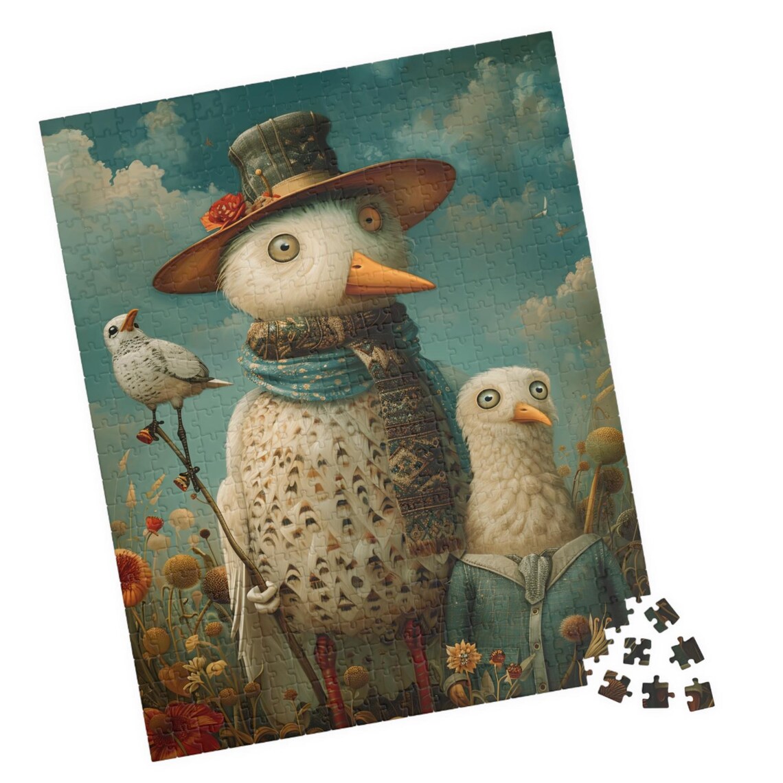 Whimsical Birds in Country Clothes in a Wildflower Meadow Scene Poster