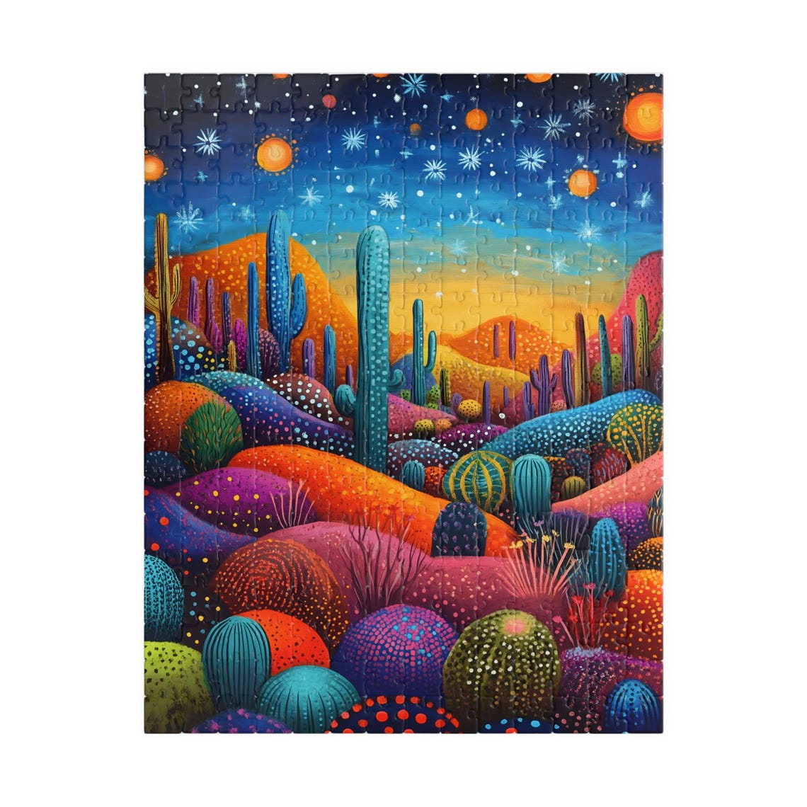 Magical Desert Cactus Folk Art Colorful Night Dotted Landscape Poster - Image 5